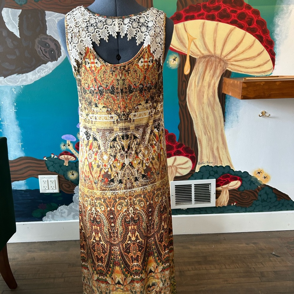 Bohemian Style Dress Multi-Color Paisley With Crochet Lace Neckline Size S